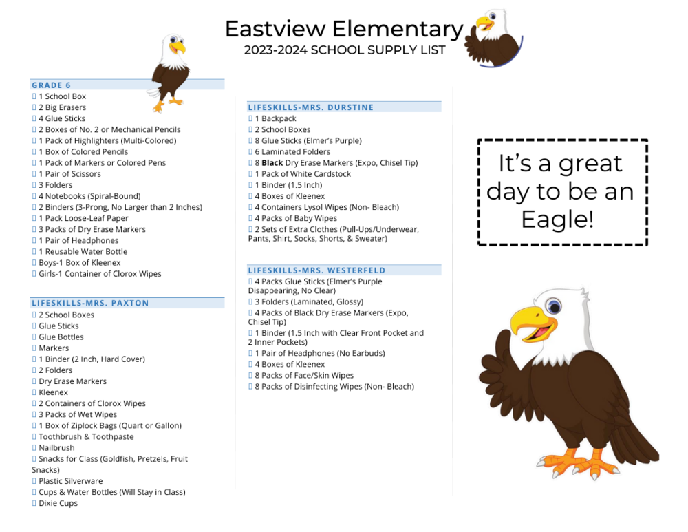 2023-2024 Eastview Elementary School Supply List (Grades 6 & LifeSkills)