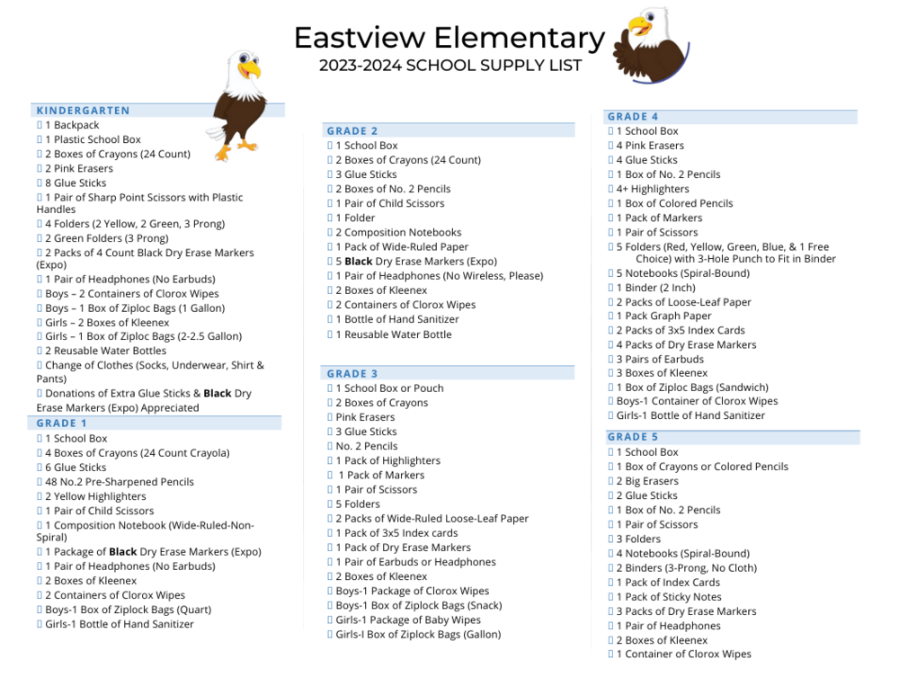 2023-2024 Eastview Elementary School Supply List (Grades K-5)